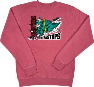 Skiing Tricera"STOPS" Dinosaur Pigment Dyed Crewneck Sweatshirt Triceratops