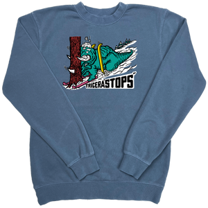 Skiing Tricera"STOPS" Dinosaur Pigment Dyed Crewneck Sweatshirt Triceratops