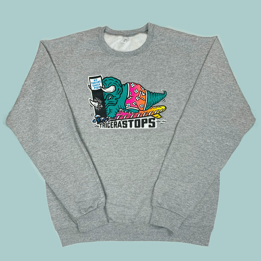 Surfing Dino TriceraSTOPS Triceratops Dinosaur Crewneck Sweatshirt