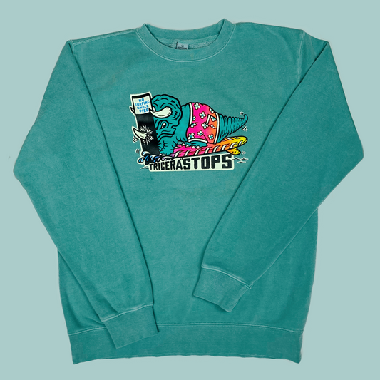Surfing Dino TriceraSTOPS Triceratops Dinosaur  Pigment Dyed Crewneck Sweatshirt