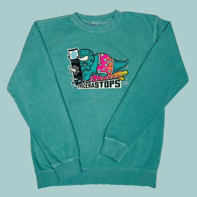 Surfing Dino TriceraSTOPS Triceratops Dinosaur  Pigment Dyed Crewneck Sweatshirt