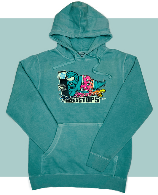 Surfing Dino TriceraSTOPS Triceratops Dinosaur  Pigment Dyed Hoodie