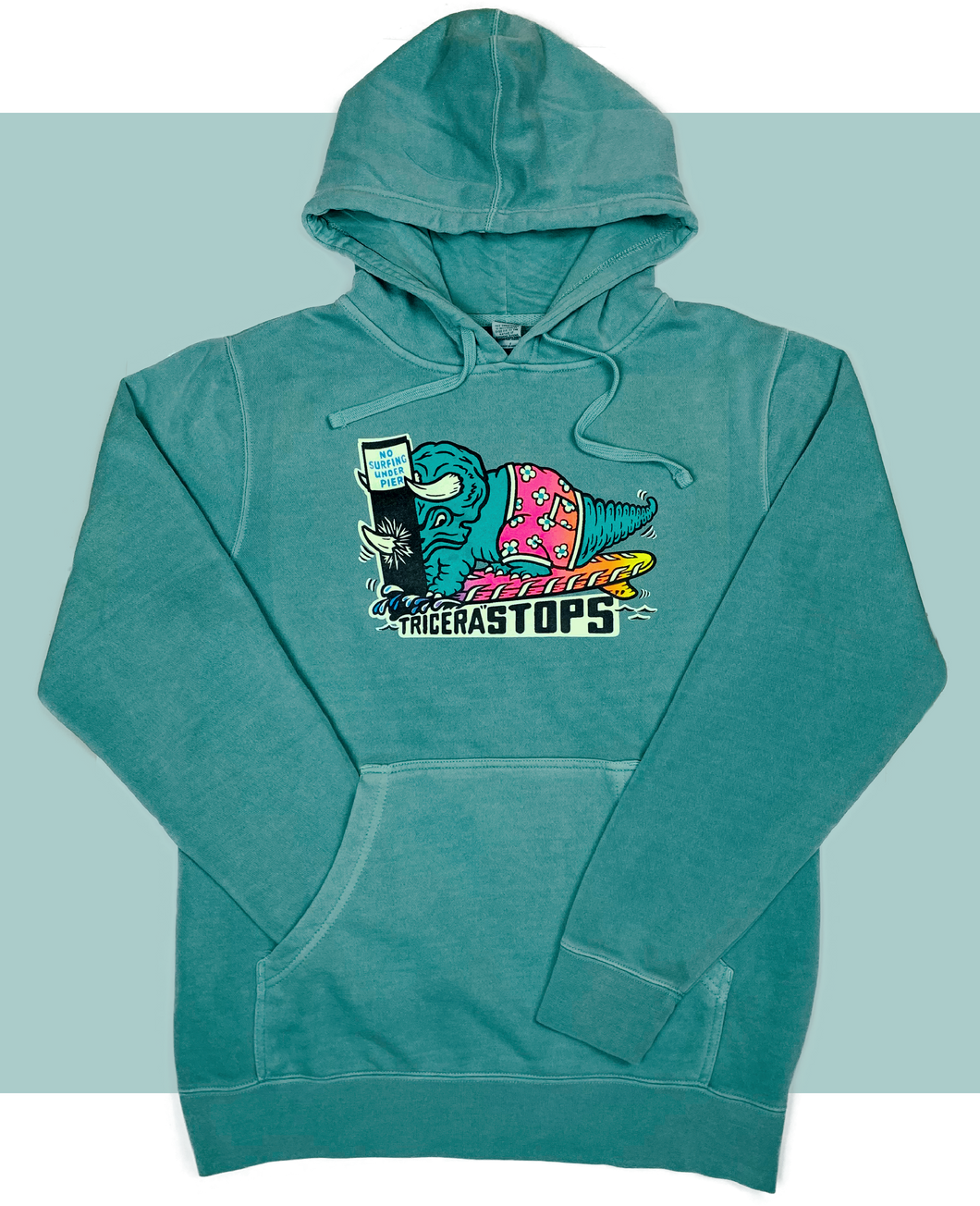 Surfing Dino TriceraSTOPS Triceratops Dinosaur  Pigment Dyed Hoodie