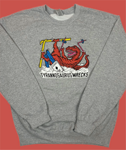 Load image into Gallery viewer, Skiing Tyrannosaurus &quot;wrecks&quot; Dinosaur Crewneck Sweatshirt T-Rex Dino