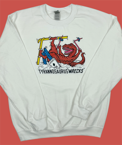 Skiing Tyrannosaurus "wrecks" Dinosaur Crewneck Sweatshirt T-Rex Dino