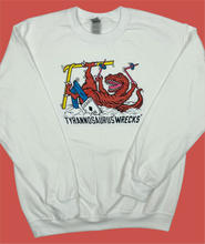 Load image into Gallery viewer, Skiing Tyrannosaurus &quot;wrecks&quot; Dinosaur Crewneck Sweatshirt T-Rex Dino