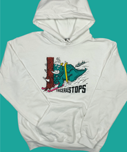 Load image into Gallery viewer, Skiing Tricera&quot;STOPS&quot; Triceratops Dinosaur sweatshirt Dino Hoodie