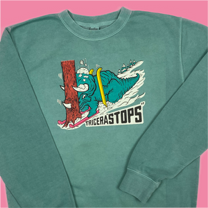 Skiing Tricera"STOPS" Dinosaur Pigment Dyed Crewneck Sweatshirt Triceratops