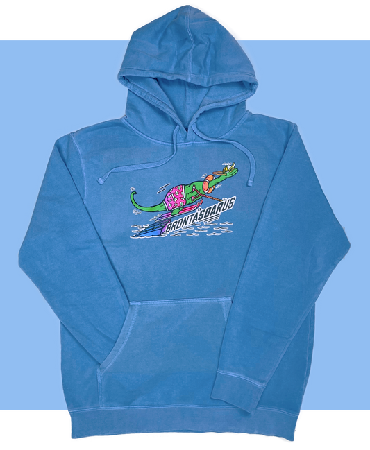 Water Skiing Bronta"SOAR"us Pigment Dyed Brontosaurus sweatshirt Hoodie