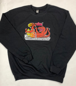 Skateboarding Tyrannosaurus rex "wrecks" T Rex Dinosaur Crewneck Sweatshirt